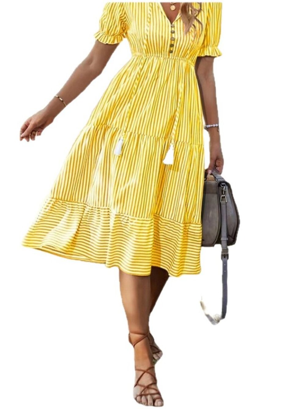 Women's Yellow Striped V-Neck Puff-Sleeve Tiered Midi Dress
